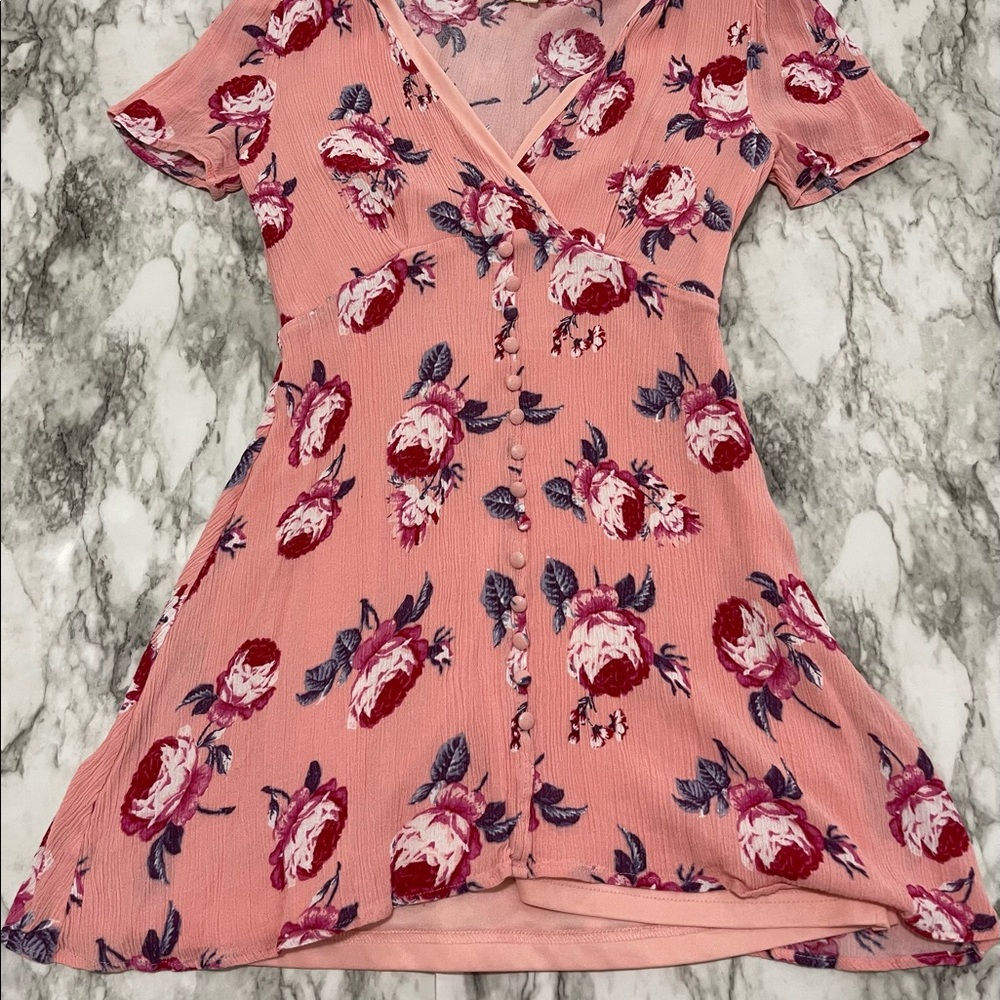 PINK FLORAL BUTTON THROUGH SHIFT MINI DRESS
